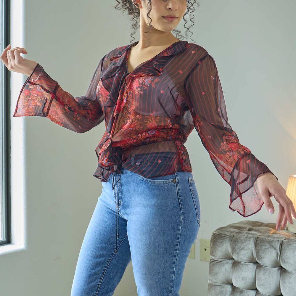 Plenty Women's Red Floral Sheer Blouse Size S Tie Front Ruffle Bell Sleeve